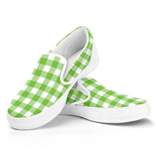 Pear Green And White Gingham Print White Slip On Shoes