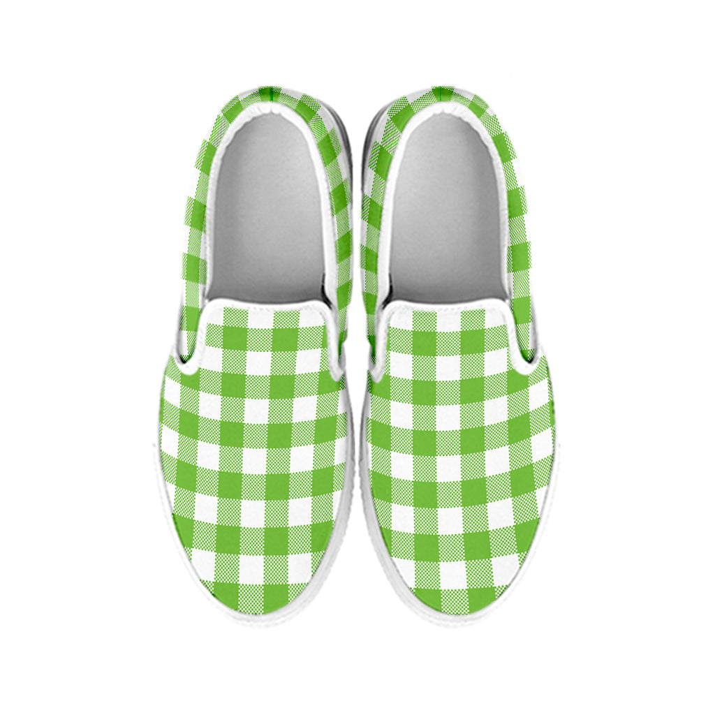 Pear Green And White Gingham Print White Slip On Shoes