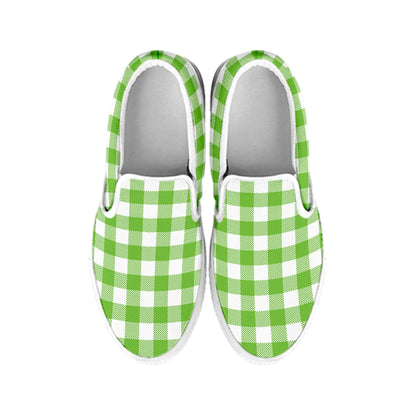 Pear Green And White Gingham Print White Slip On Shoes