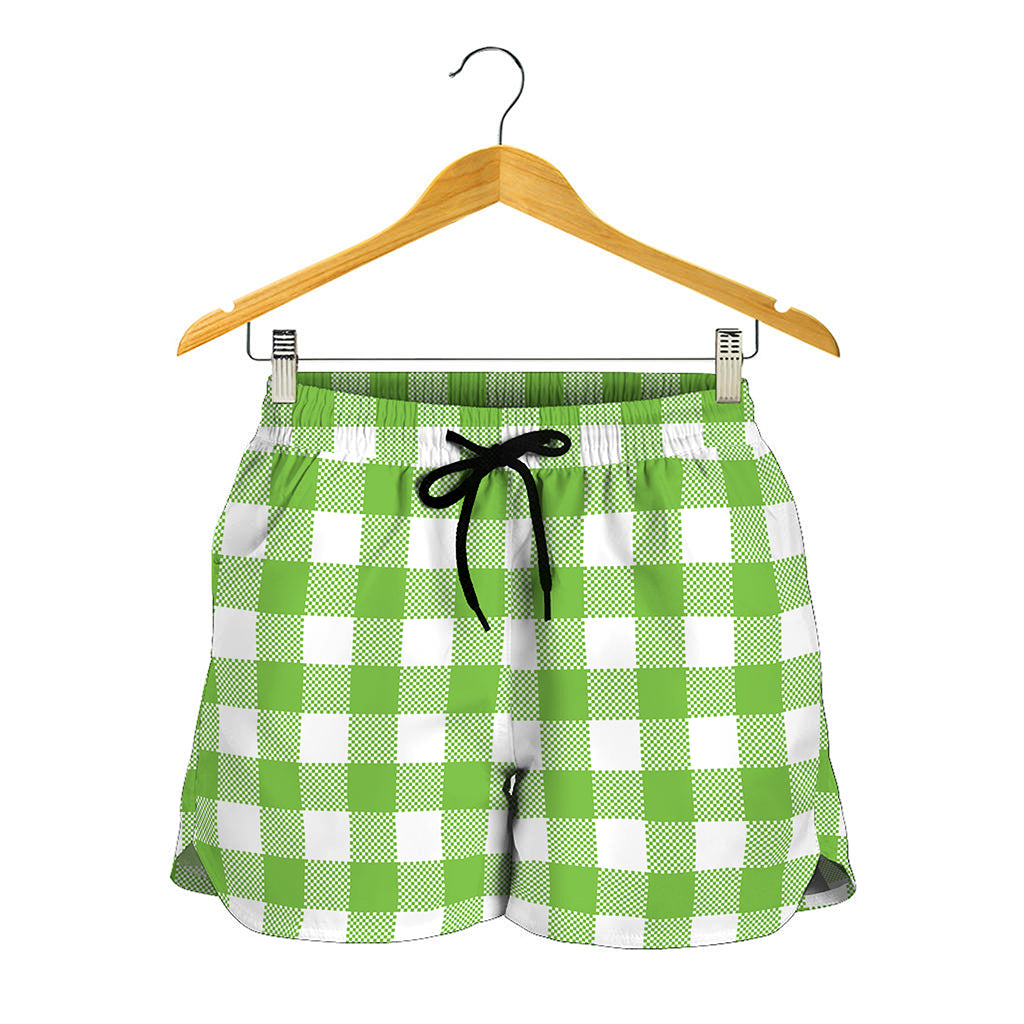 Pear Green And White Gingham Print Women's Shorts