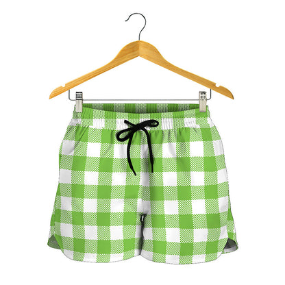 Pear Green And White Gingham Print Women's Shorts