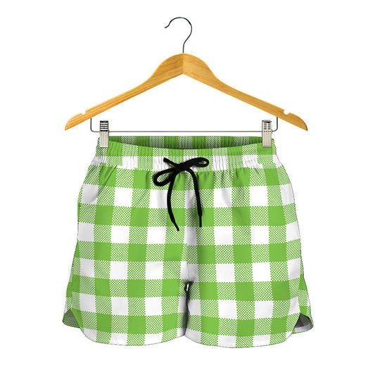 Pear Green And White Gingham Print Women's Shorts