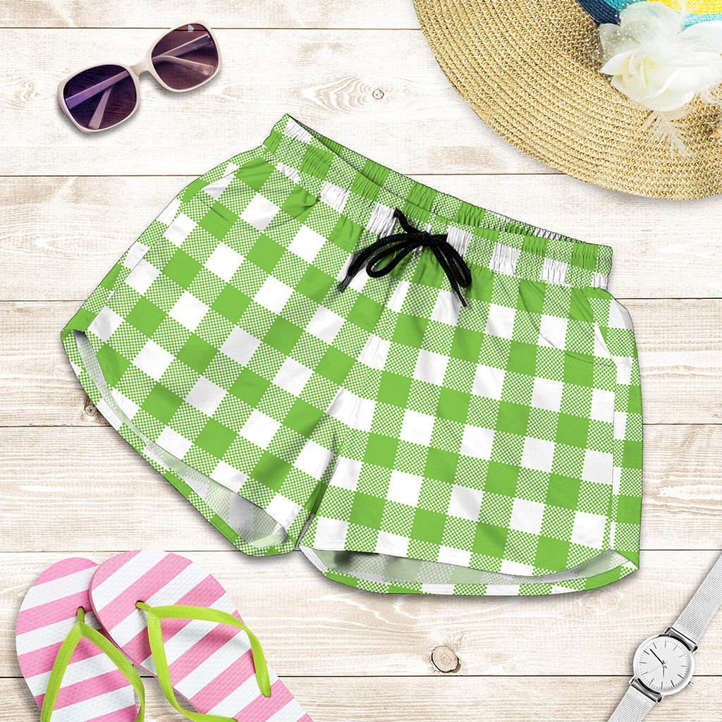 Pear Green And White Gingham Print Women's Shorts