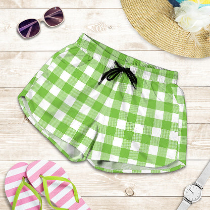 Pear Green And White Gingham Print Women's Shorts