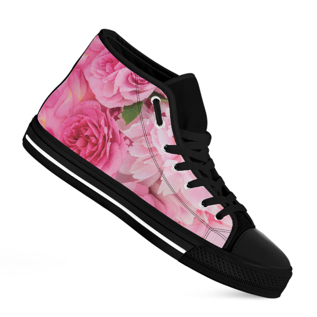 Peony And Rose Print Black High Top Shoes
