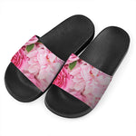Peony And Rose Print Black Slide Sandals
