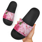 Peony And Rose Print Black Slide Sandals