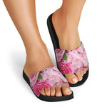 Peony And Rose Print Black Slide Sandals