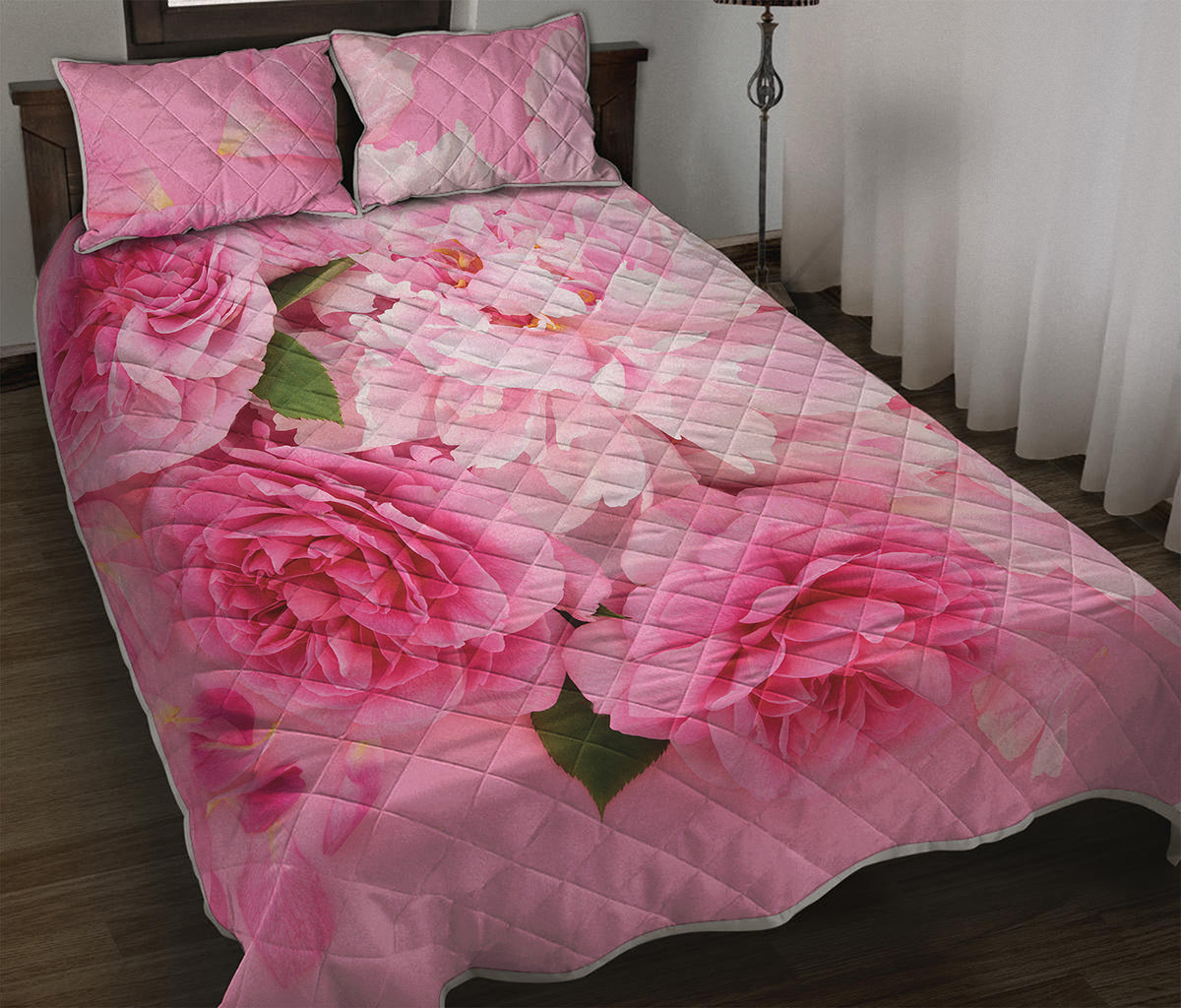 Peony And Rose Print Quilt Bed Set