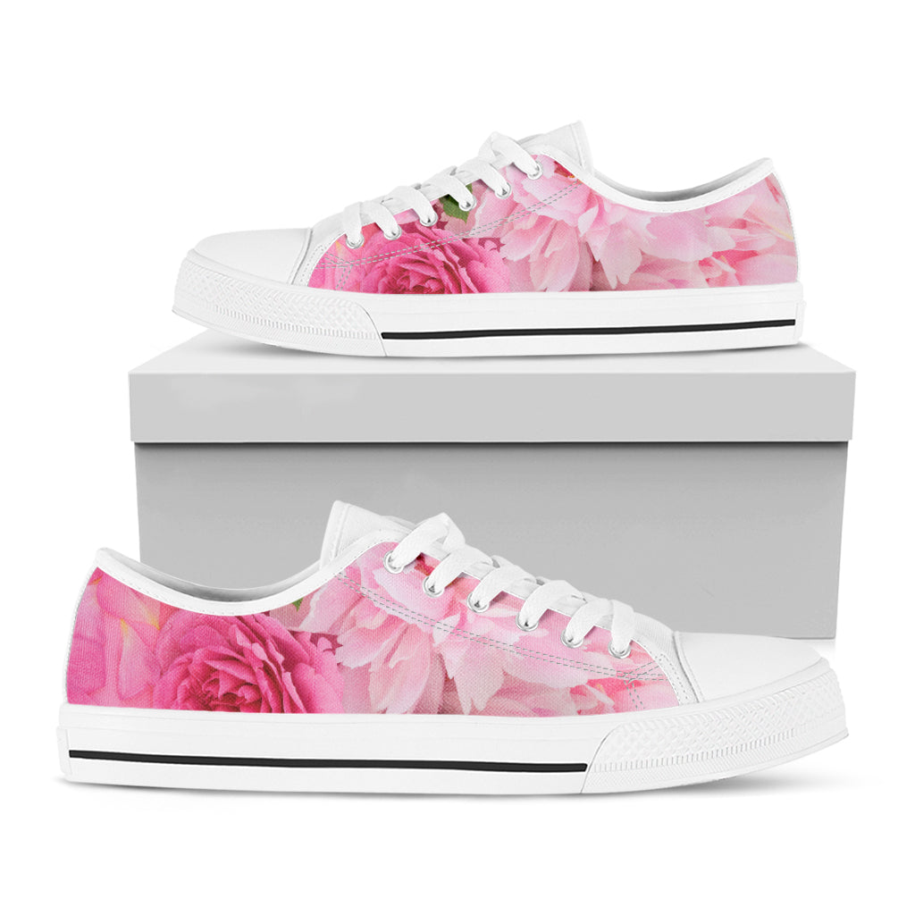 Peony And Rose Print White Low Top Shoes
