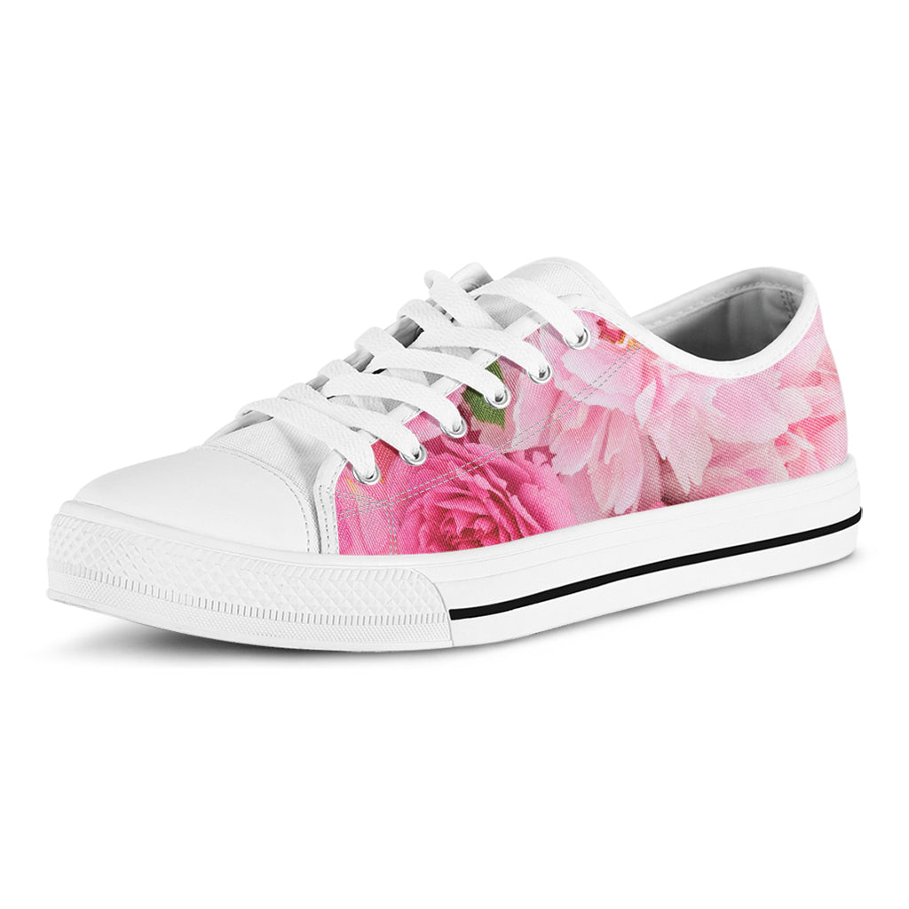 Peony And Rose Print White Low Top Shoes