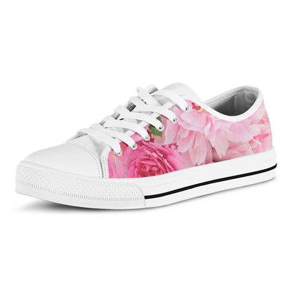 Peony And Rose Print White Low Top Shoes