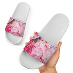 Peony And Rose Print White Slide Sandals