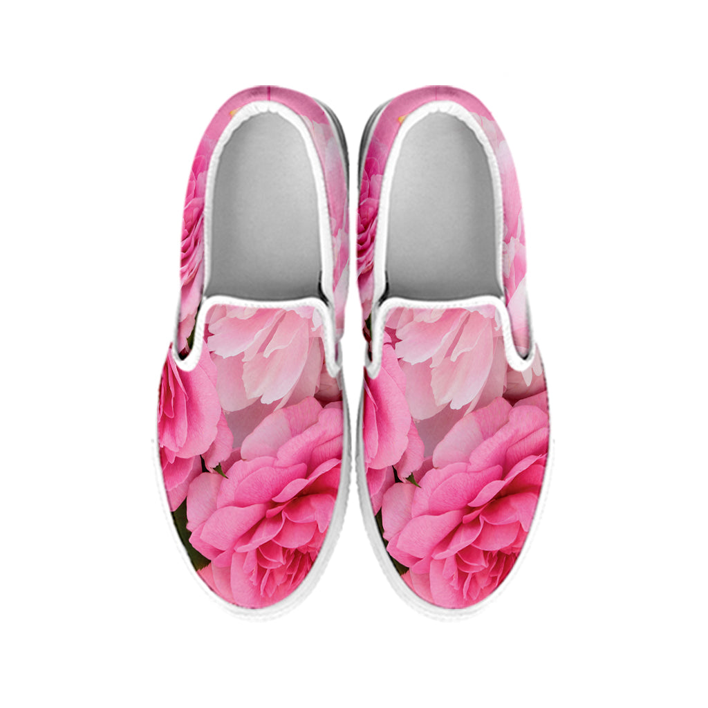Peony And Rose Print White Slip On Shoes