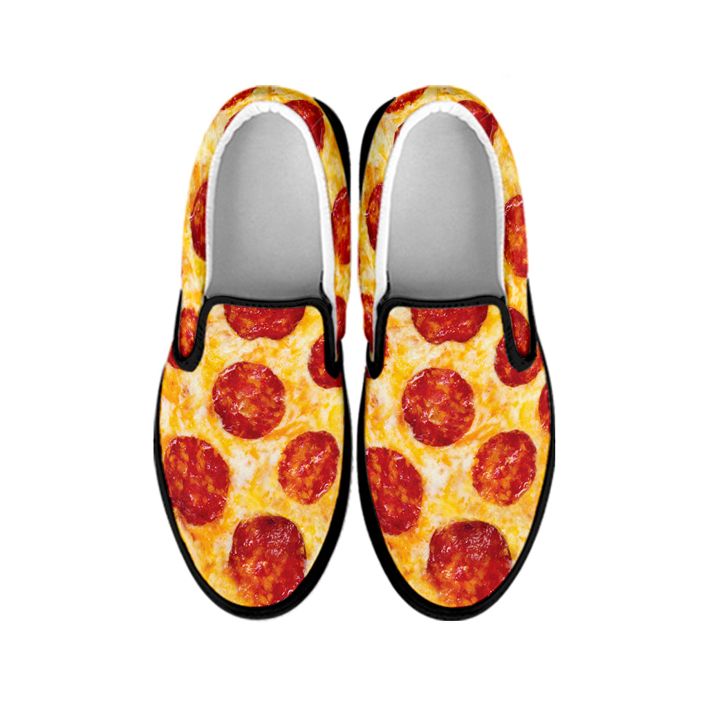 Pepperoni Pizza Print Black Slip On Shoes