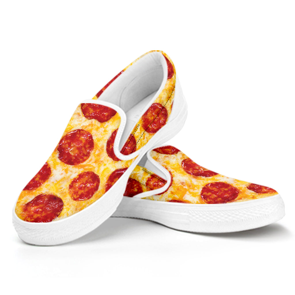 Pepperoni Pizza Print White Slip On Shoes