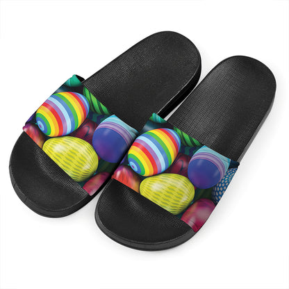 Pile Of Colorful Easter Eggs Print Black Slide Sandals