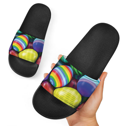 Pile Of Colorful Easter Eggs Print Black Slide Sandals