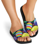 Pile Of Colorful Easter Eggs Print Black Slide Sandals