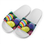 Pile Of Colorful Easter Eggs Print White Slide Sandals