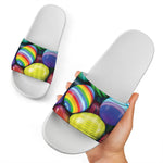 Pile Of Colorful Easter Eggs Print White Slide Sandals