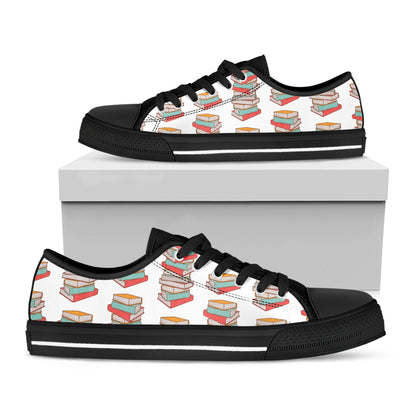 Pile Of Reading Books Pattern Print Black Low Top Shoes