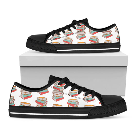 Pile Of Reading Books Pattern Print Black Low Top Shoes