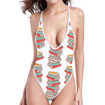Pile Of Reading Books Pattern Print One Piece High Cut Swimsuit