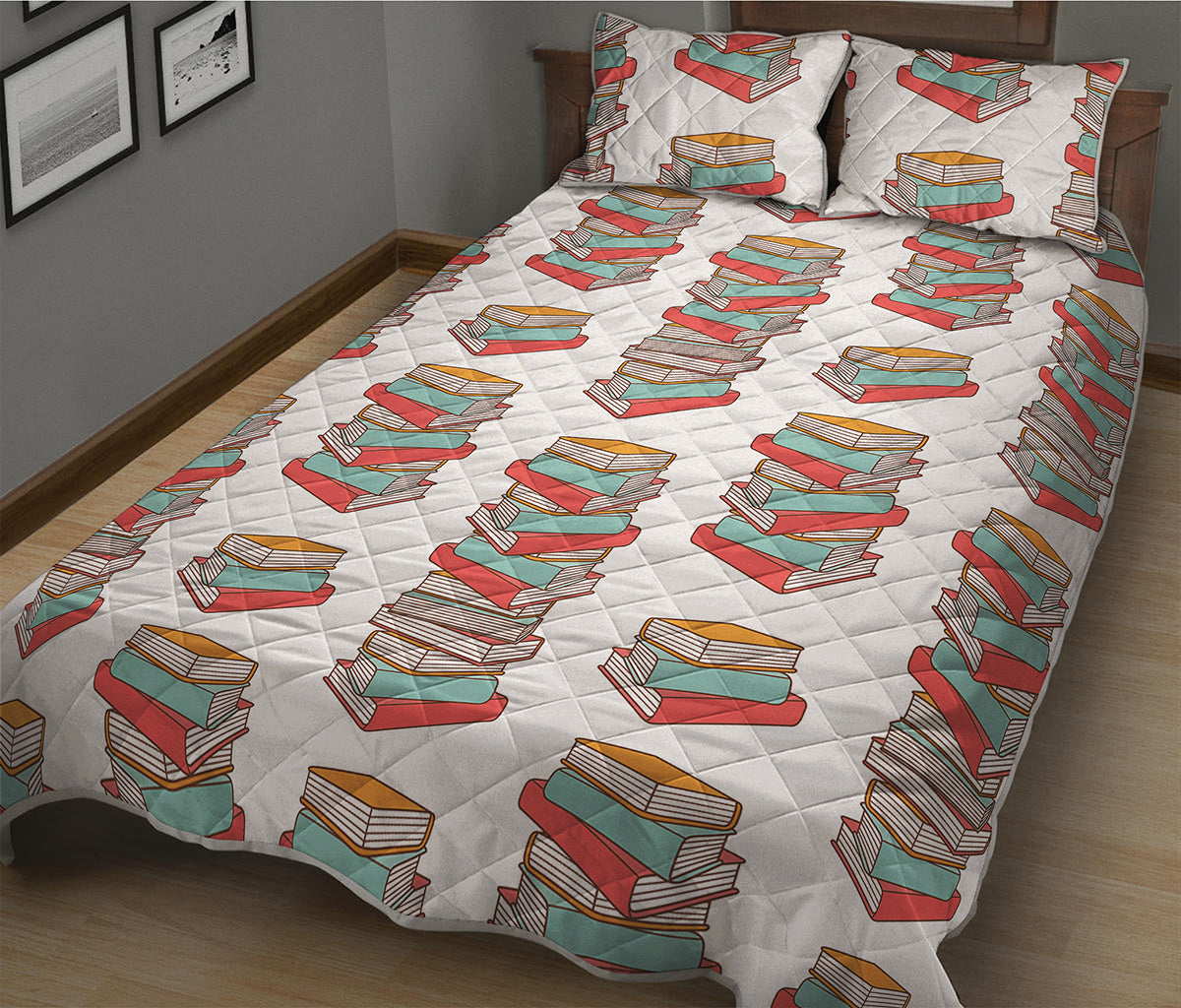 Pile Of Reading Books Pattern Print Quilt Bed Set