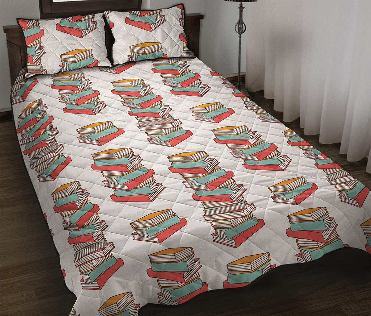 Pile Of Reading Books Pattern Print Quilt Bed Set