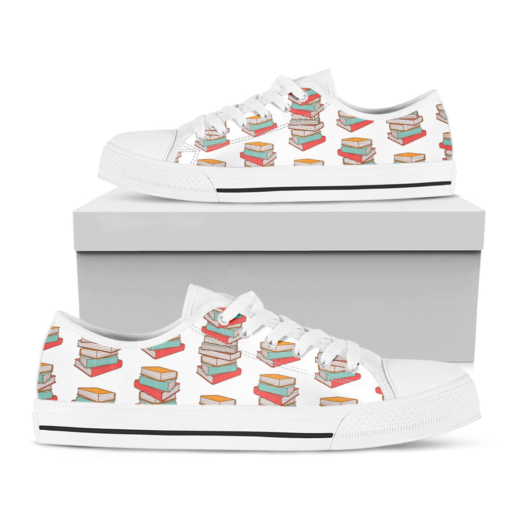 Pile Of Reading Books Pattern Print White Low Top Shoes