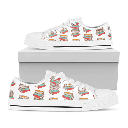 Pile Of Reading Books Pattern Print White Low Top Shoes
