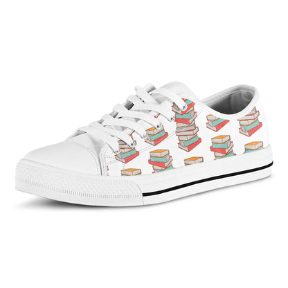 Pile Of Reading Books Pattern Print White Low Top Shoes