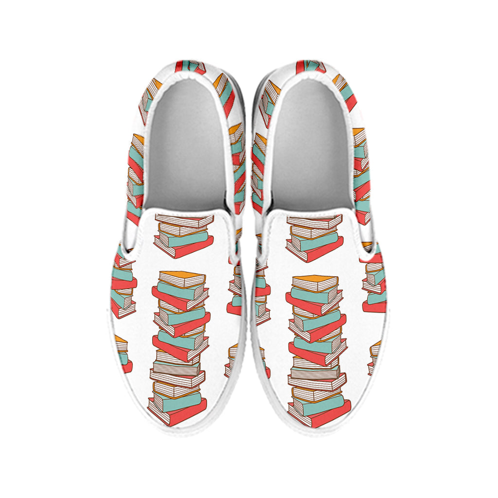 Pile Of Reading Books Pattern Print White Slip On Shoes