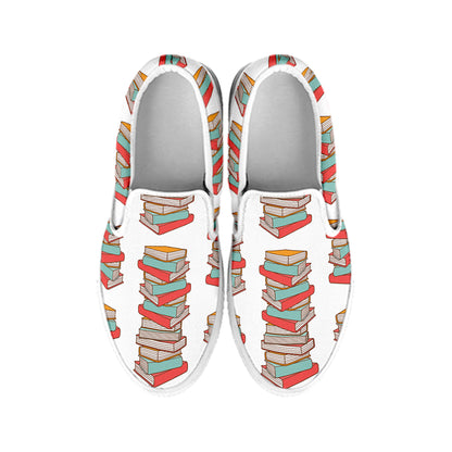 Pile Of Reading Books Pattern Print White Slip On Shoes