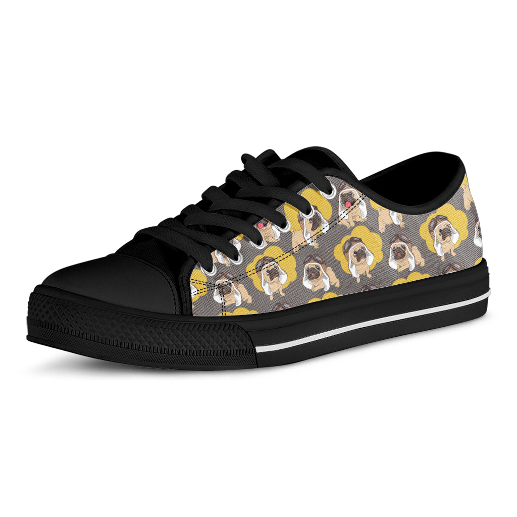 Pilot Pug Pattern Print Black Low Top Shoes