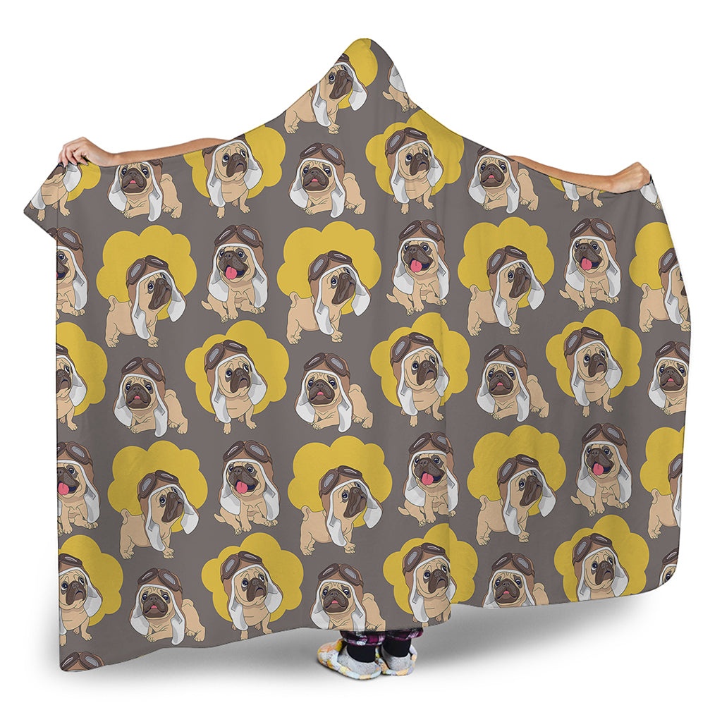 Pilot Pug Pattern Print Hooded Blanket