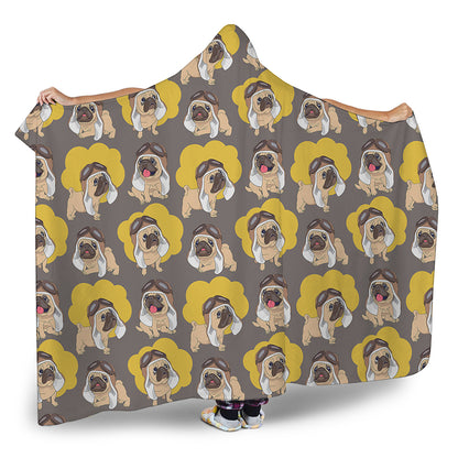 Pilot Pug Pattern Print Hooded Blanket