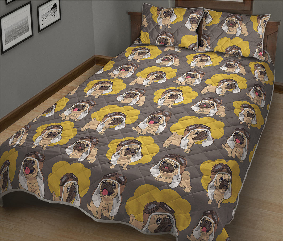 Pilot Pug Pattern Print Quilt Bed Set