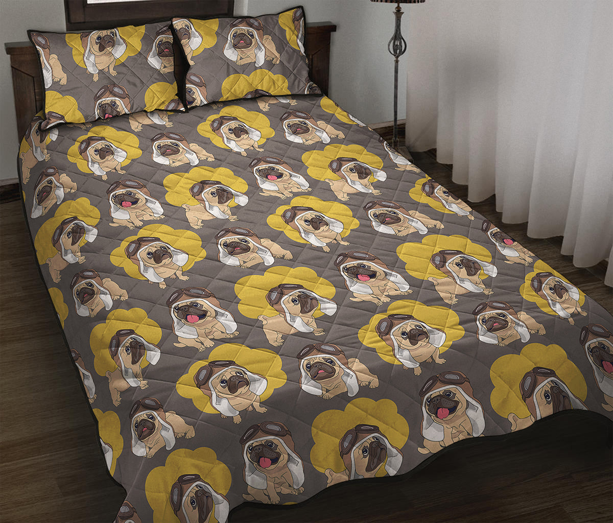 Pilot Pug Pattern Print Quilt Bed Set