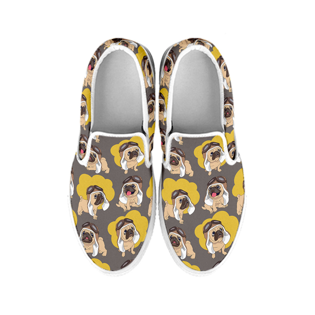 Pilot Pug Pattern Print White Slip On Shoes