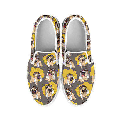 Pilot Pug Pattern Print White Slip On Shoes