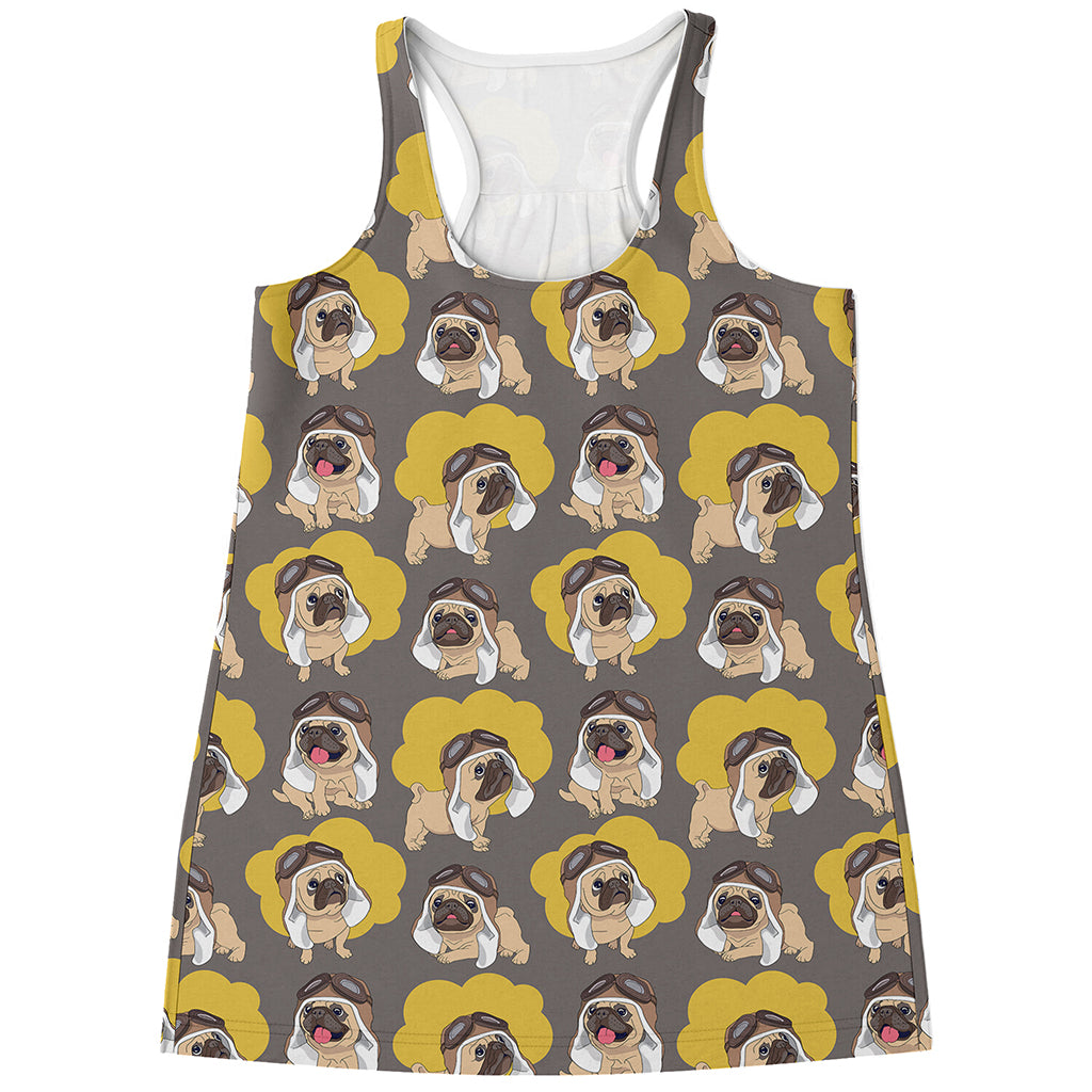 Pilot Pug Pattern Print Women's Racerback Tank Top