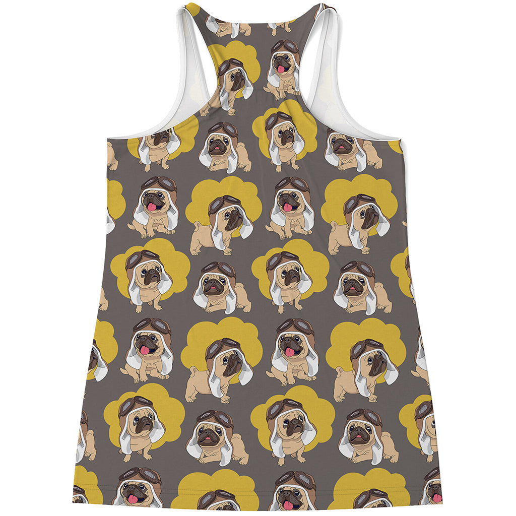 Pilot Pug Pattern Print Women's Racerback Tank Top