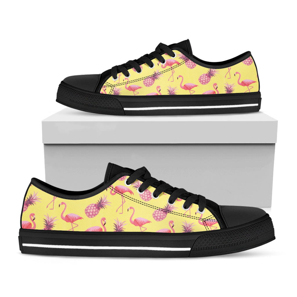 Pineapple And Flamingo Pattern Print Black Low Top Shoes