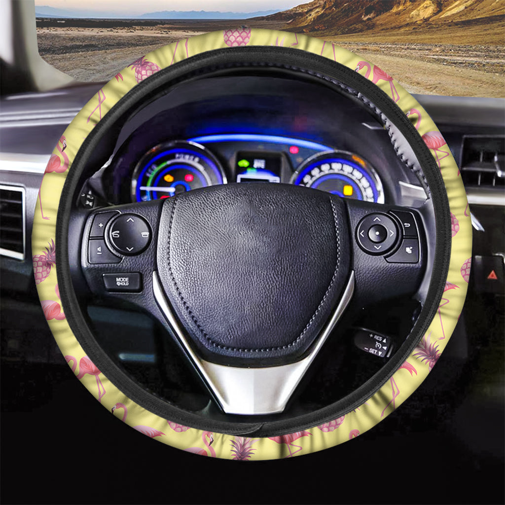 Pineapple And Flamingo Pattern Print Car Steering Wheel Cover