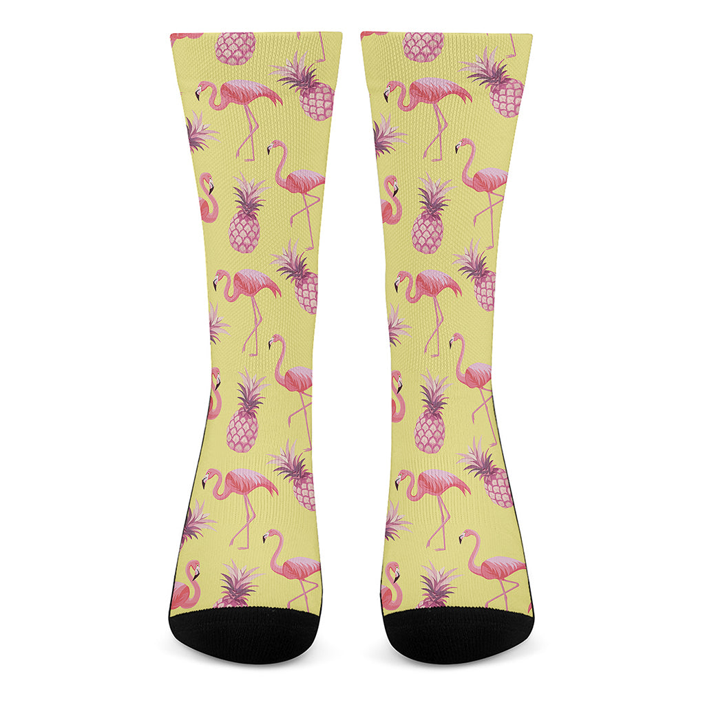 Pineapple And Flamingo Pattern Print Crew Socks