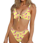 Pineapple And Flamingo Pattern Print Front Bow Tie Bikini