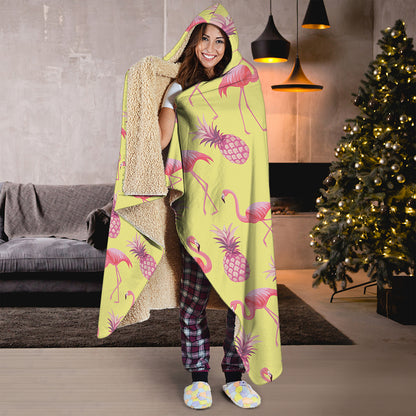 Pineapple And Flamingo Pattern Print Hooded Blanket