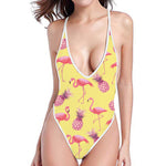 Pineapple And Flamingo Pattern Print One Piece High Cut Swimsuit